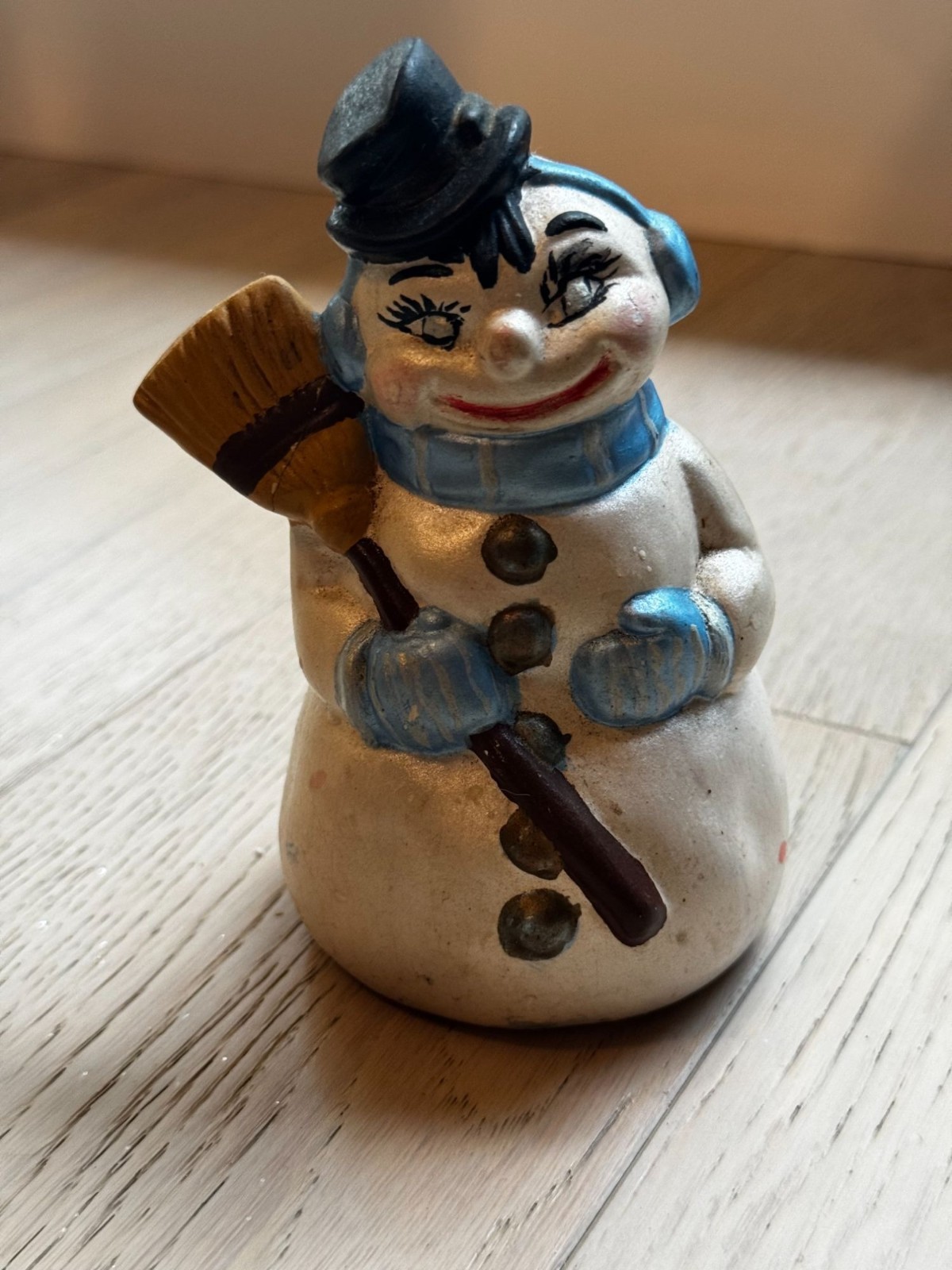 Vintage Ceramic Snowman Figurine With Broom & Scarf Holiday Christmas Winter
