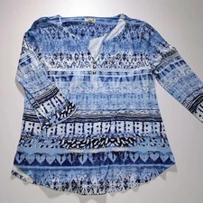 One Step Up Blue Printed 3/4Fitted Sleeve Top Womens Size Large Lightweight