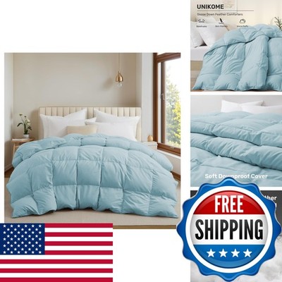 UNIKOME Goose Feather Down Comforter Queen Size Blue 88''x88'' All Season