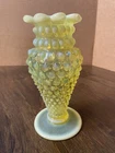 Vintage Fenton Topaz Vaseline Opalescent Hobnail 6” Vase Glows Brightly! NICE!