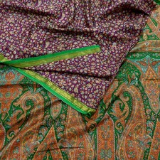 Vintage Sari Purple Green Printed Pure Silk Saree 5yd Sewing Craft Fabric Zari