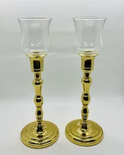 VTG Solid Brass Pair Of Candlestick Holders With Glass Hurricanes Inserts 10” T