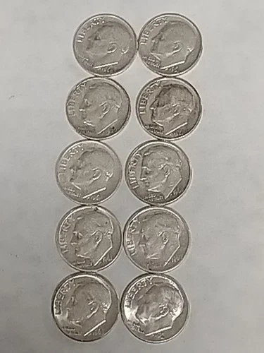 Lot of 10 - U.S. 90% Silver Roosevelt Dimes 1960- 1964 P D XF $1 Face #43