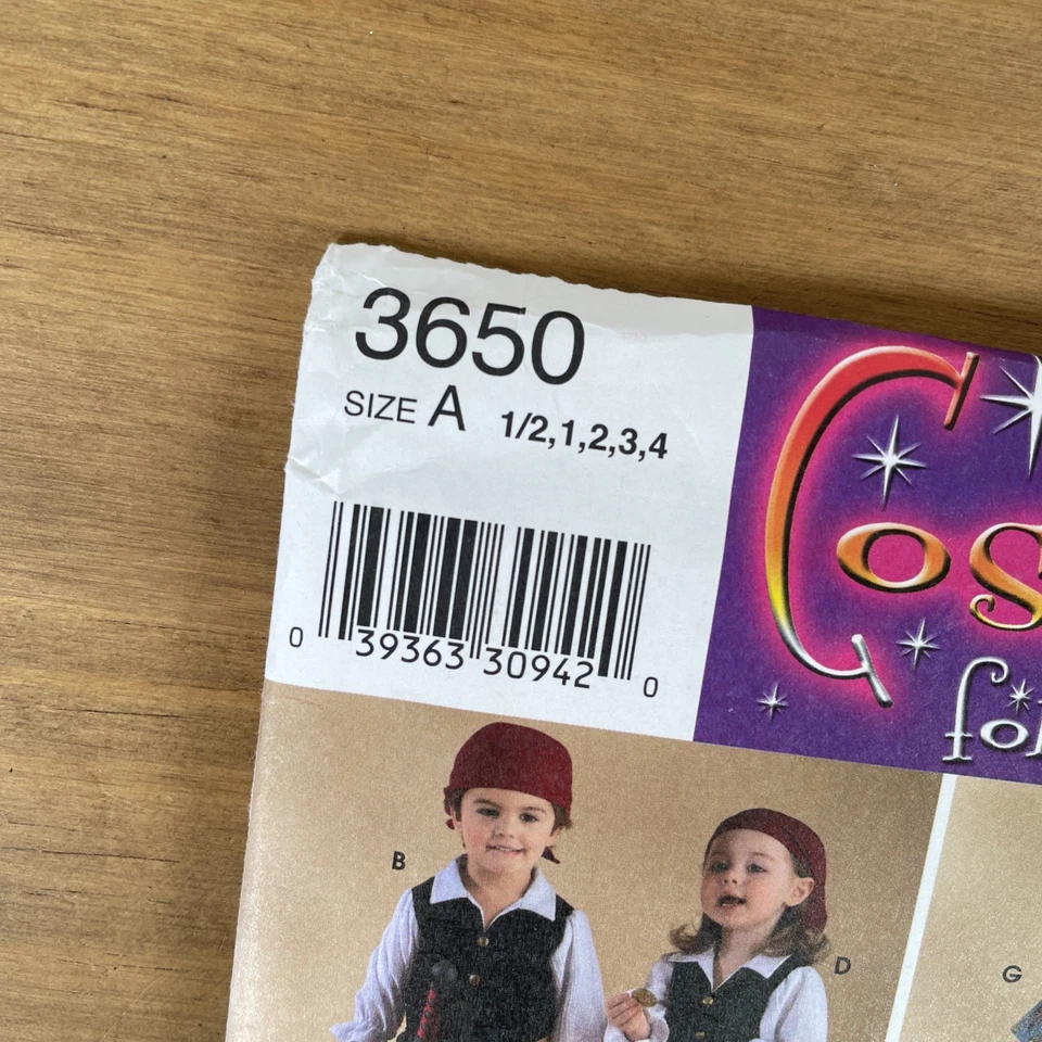 Uncut Simplicity Sewing Pattern 3650 Toddlers Pirate Cowboy Costumes Size: 1/2-4 - Image 2 of 4