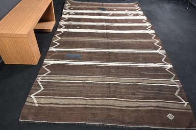 Turkish Kilim Large Rug 6,1x10,6 ft (185x323 cm), Vintage Brown Animal Print Rug
