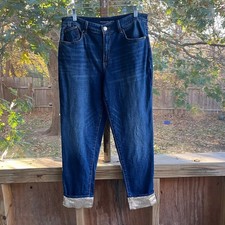 Chicos Women's Boyfriend Ankle Jeans Medium Wash Gold Sequin Cuffs Size 8R