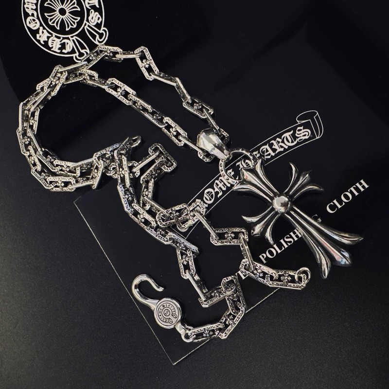 Chrome Hearts 925 Sterling Silver Cross Charm Pendant Link Chain Necklace
