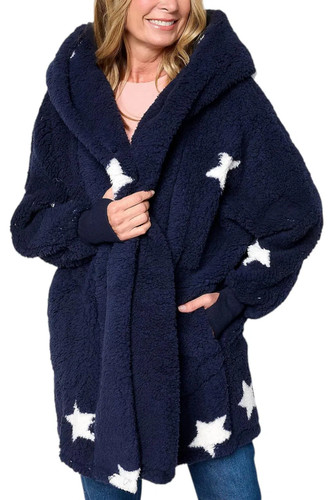 By Jill Martin Women's Sherpa Embroidered Hooded Lounger Midnight Blue