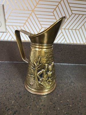 Vintage D.M.G. Brass Embossed Pub Scene Pitcher, Made in England