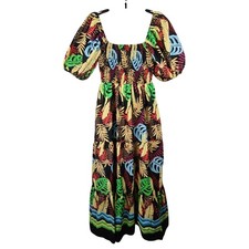 Forever 21 Tropical Leaf Smocked Puff Sleeve Maxi Dress Black Multicolor Size M