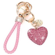 Car Keychain for Women with Rhinestone Heart Shape Bling Girl Cute A-pink