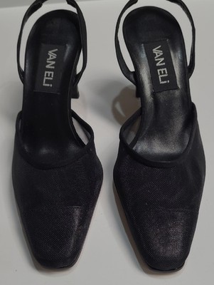 Van Eli Black Fabric Mesh Slingback Square-Toe Heels