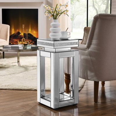 Mirrored End Table Square with Crystals Inlay, 2-Tier Modern Small Sofa Table wi