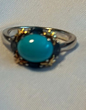 18k White Gold Oval Blue Turquoise Ring Sapphire & Yellow Gold Accents Size 7