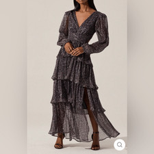 ASTR Anora Metallic Floral Long Sleeve Tiered Maxi Dress Cutout Backless S NWT