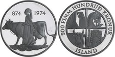 Iceland: 500 Kronur silver 1974 (1st Settlement) - Proof