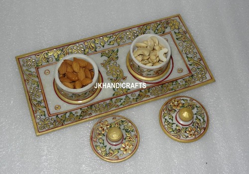 Marble Jaipur Raga Bowl Tray Set Dry Fruit Kitchen Decor Inlaid Beautiful Gifts - Picture 3 of 5