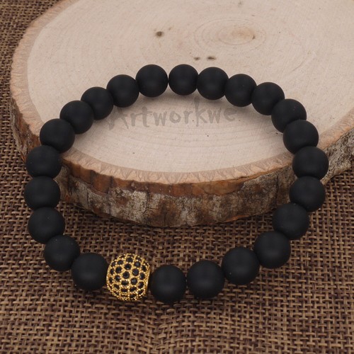 Fashion High Quality Lava Stone Beads And CZ Gold Ball Men Charm Bracelets Gift - Picture 3 of 3