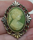 Vtg Peri Cameo Pendant Brooch Pin Green / Cream GoldTone Metal Victorian #J10-Pu