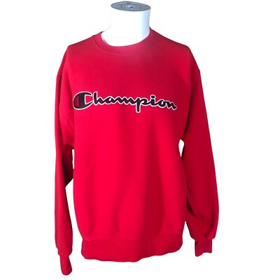 Champion Reverse Weave Solid Red Spellout Crew Neck