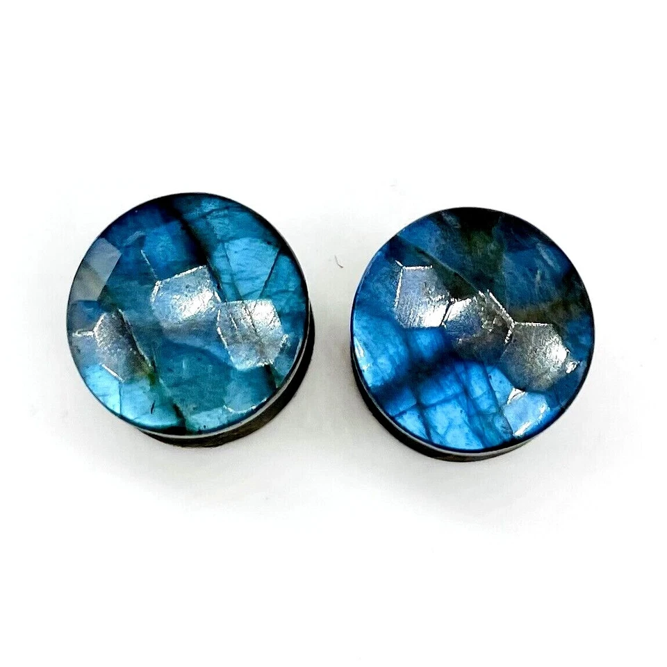 Tapones de corte facetado de labradorita azul natural, hechos a mano tamaño 3 mm a 20 mm Foto 3 de 4