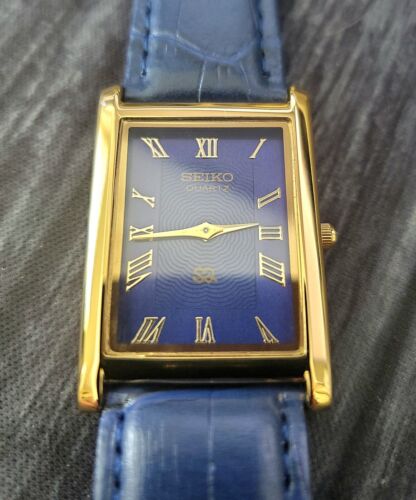 Herren Slim Gold Tank Rechteckig Blaues Zifferblatt Blau Leder Neu Mvt & Batt*** - Bild 7 von 9