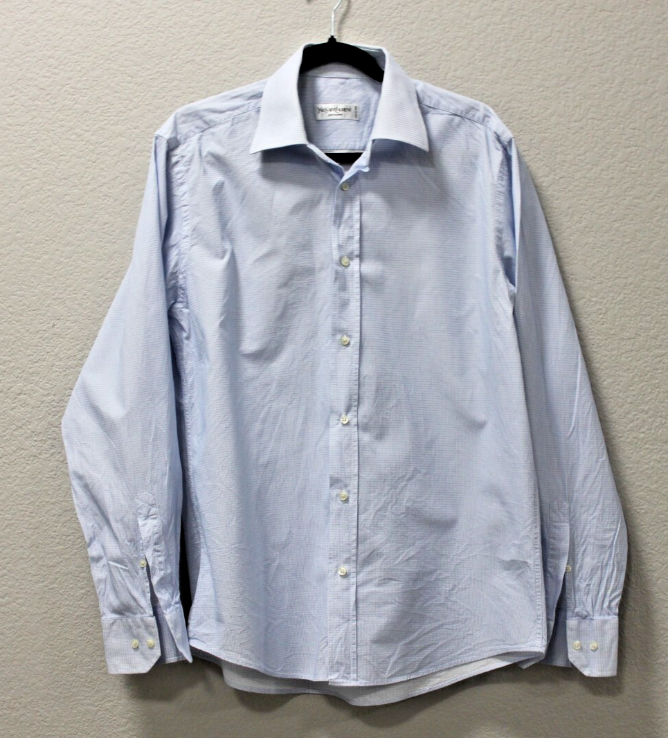 Camicia elegante uomo Yves Saint Laurent con bottoni blu e bianca a quadri 16 5 42