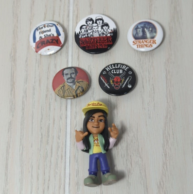Stranger Things Argyle Surfer Boy Pizza figure pinback buttons Hellfire Club lot