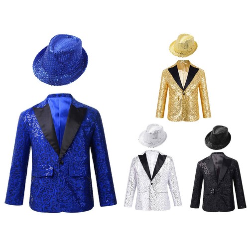 Kids Boys Shiny Lapel Jacket Glitter Blazer Banquet Party Formal Suit with Hat - Afbeelding 1 van 56