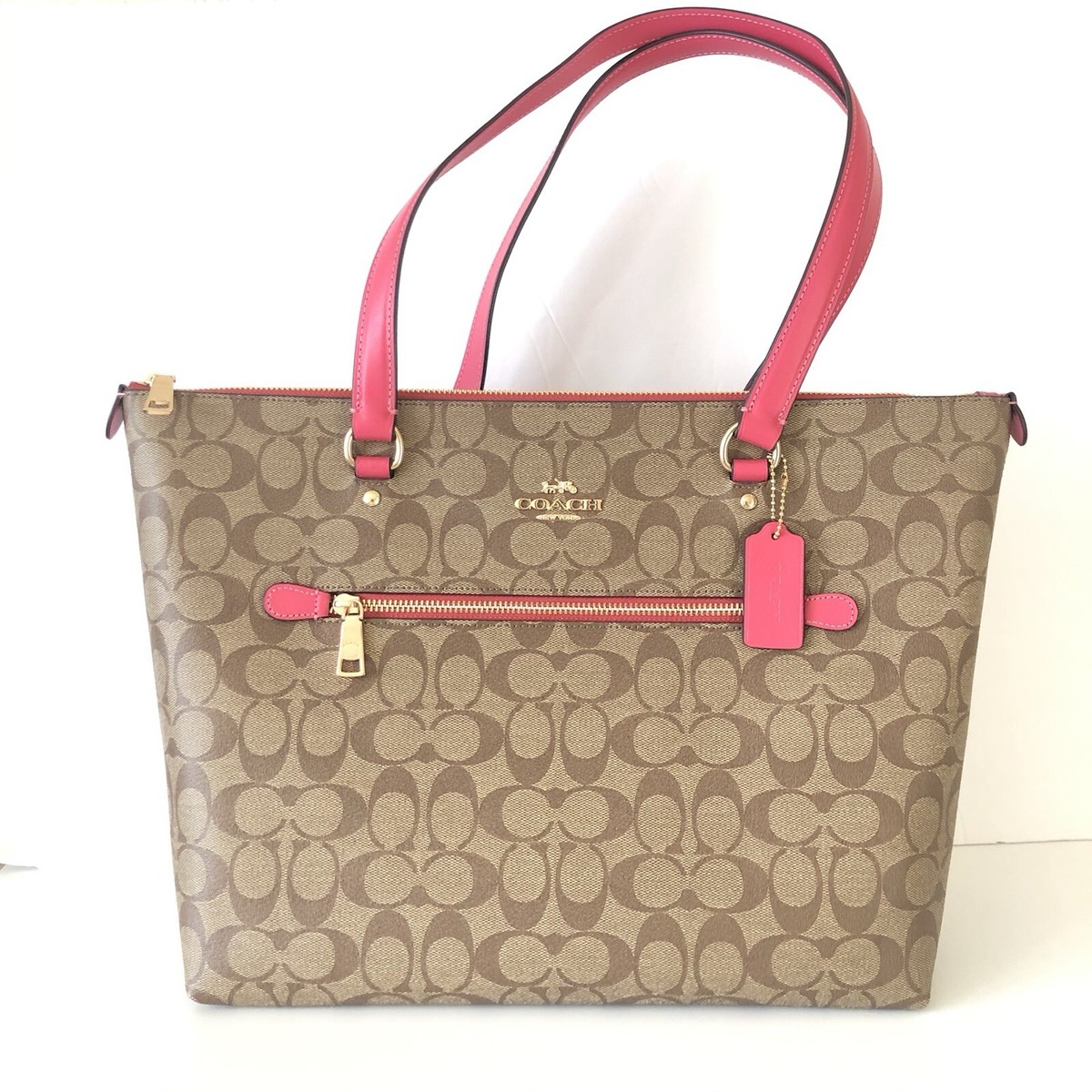バッグ Coach Pink Pierced C Gallery Tote Bag COACH Pink Leather Gallery Tote w/ Rose Bouquet Print