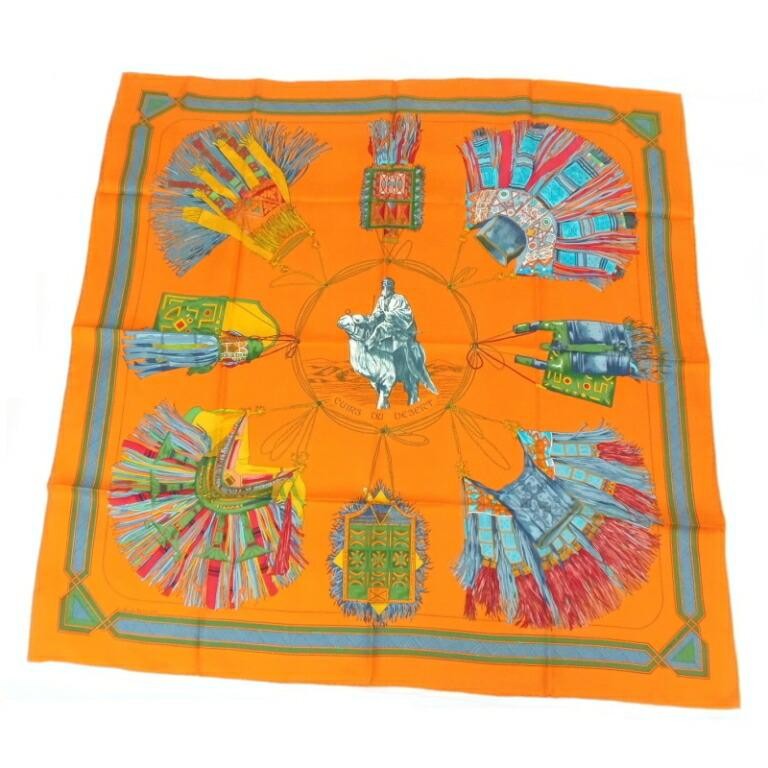 Hermes Caleprise Cuirs du Desert Silk Scarf Orange Multi Used