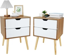 Nightstand Set of 2,Tan Modern Wooden Bedside Table with 2-Tier Drawers,Storage
