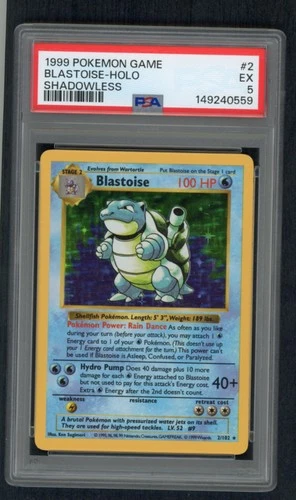 Pokemon Card Blastoise 002/102 Base Set (Shadowless) Holo PSA 5 EX