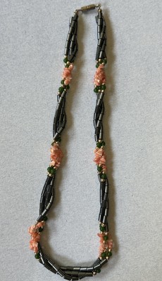 HEMATITE TWISTED 3 STRAND NECKLACE W/DYED SHELLS & GLASS BEADS VTG 18 