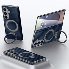 For Samsung Galaxy Z Fold7 SULADA Kevlar Texture MagSafe Ring Holder Case Blue