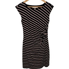 LOFT Sheath Dress Womens XS Black Tan Stripe Ruched Cap Sleeve