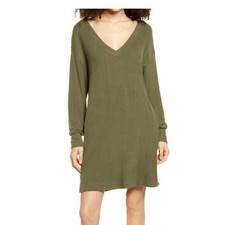 Socialite Knit Sweater Dress Womens Medium Olive Green Vneck