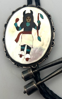 VTG Juan Chico Zuni Kachina Buffalo Dancer Sterling Silver Multistone Bolo Tie