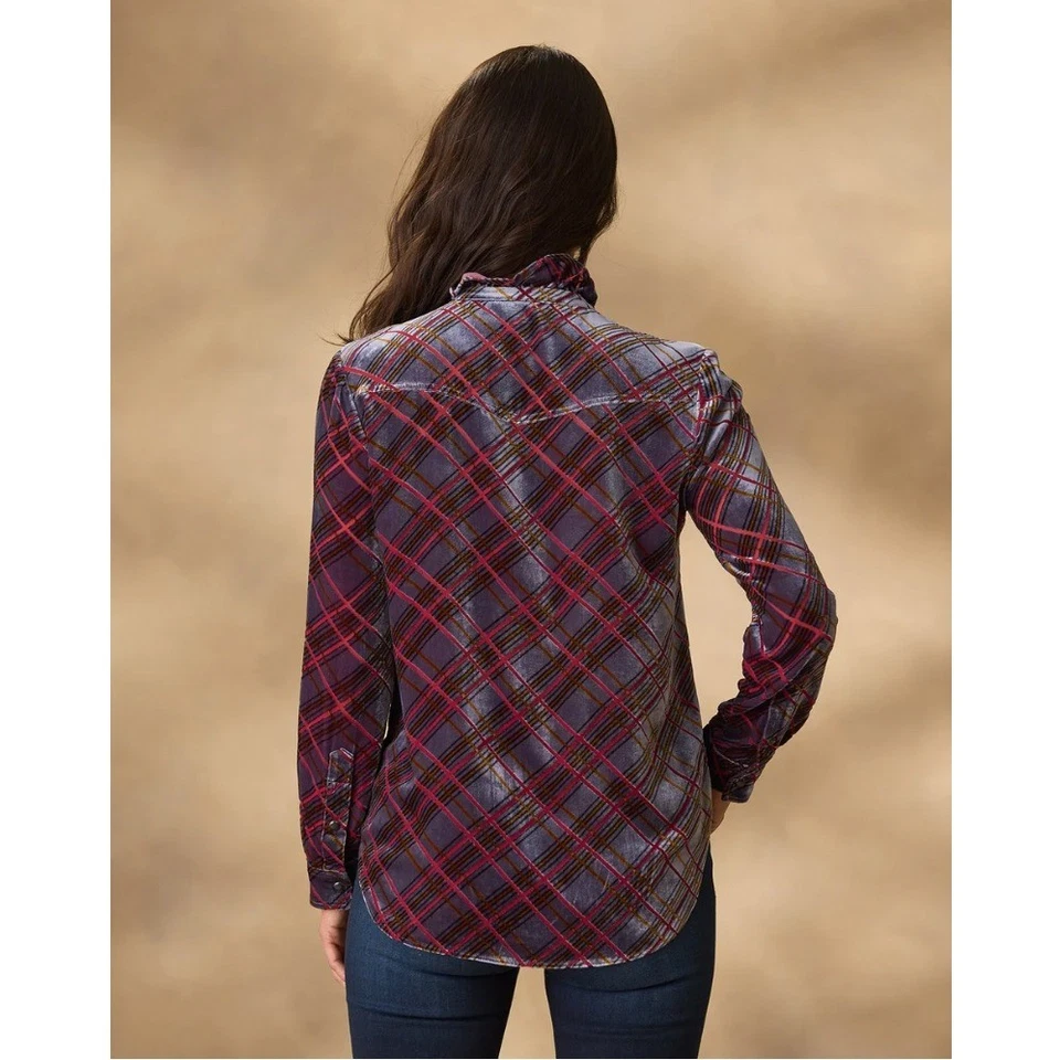 Camisa Sundance Gretel Seda Viscosa Burnout Terciopelo Cuadros Volantes Perla A Presión S Foto 2 de 4