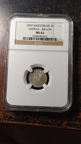 1839 Geneva Switzerland 2 Centimes NGC MS63                                 4256