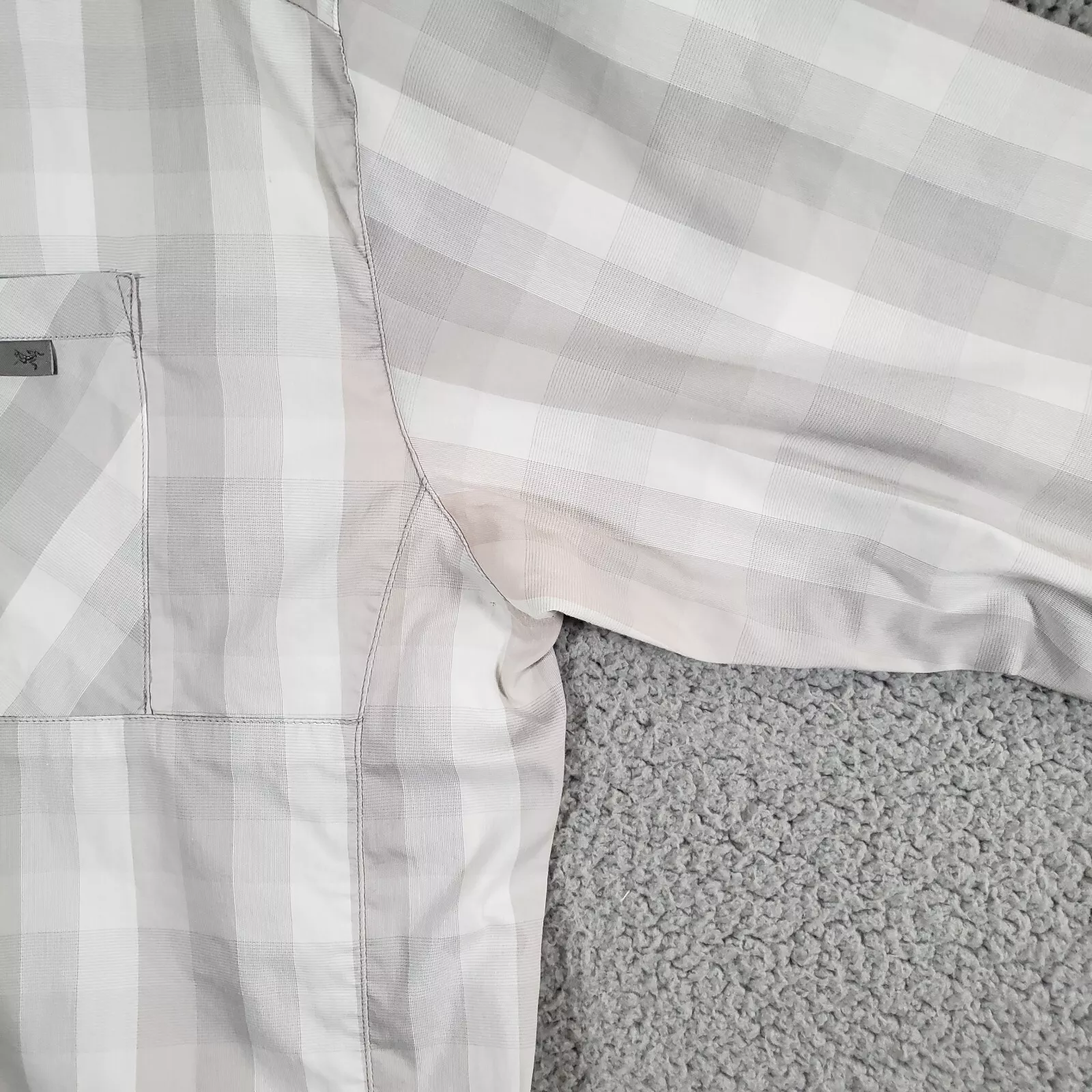 arcteryx plaid cotton blend long sleeve button up stained shirt