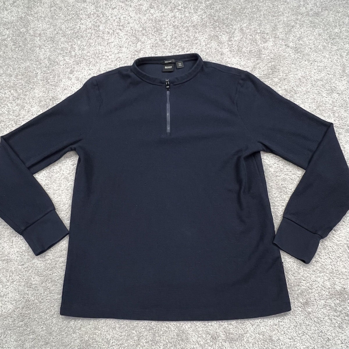 HUGO BOSS Sweater Mens Large Waffle Knit Navy Blue Cotton 1