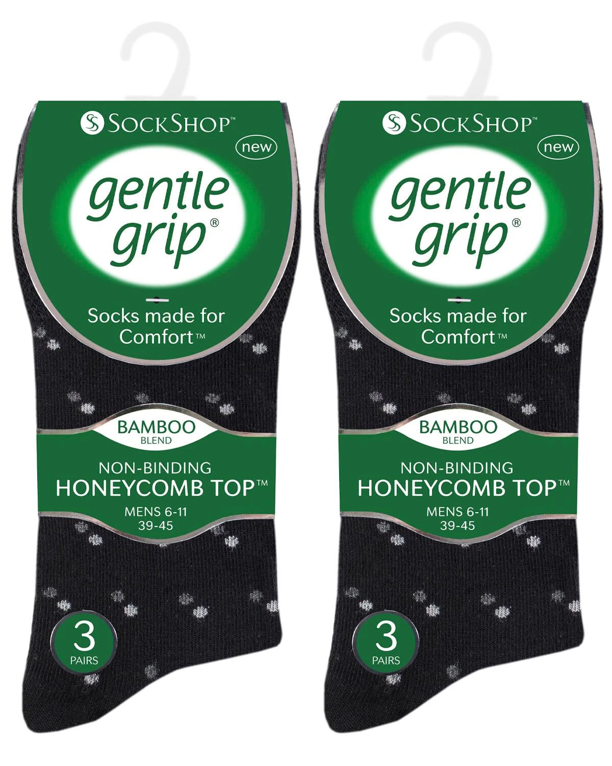 3 Pairs Mens Gentle Grip Bamboo Socks, Black, Anti Odour/Bacterial, SockShop