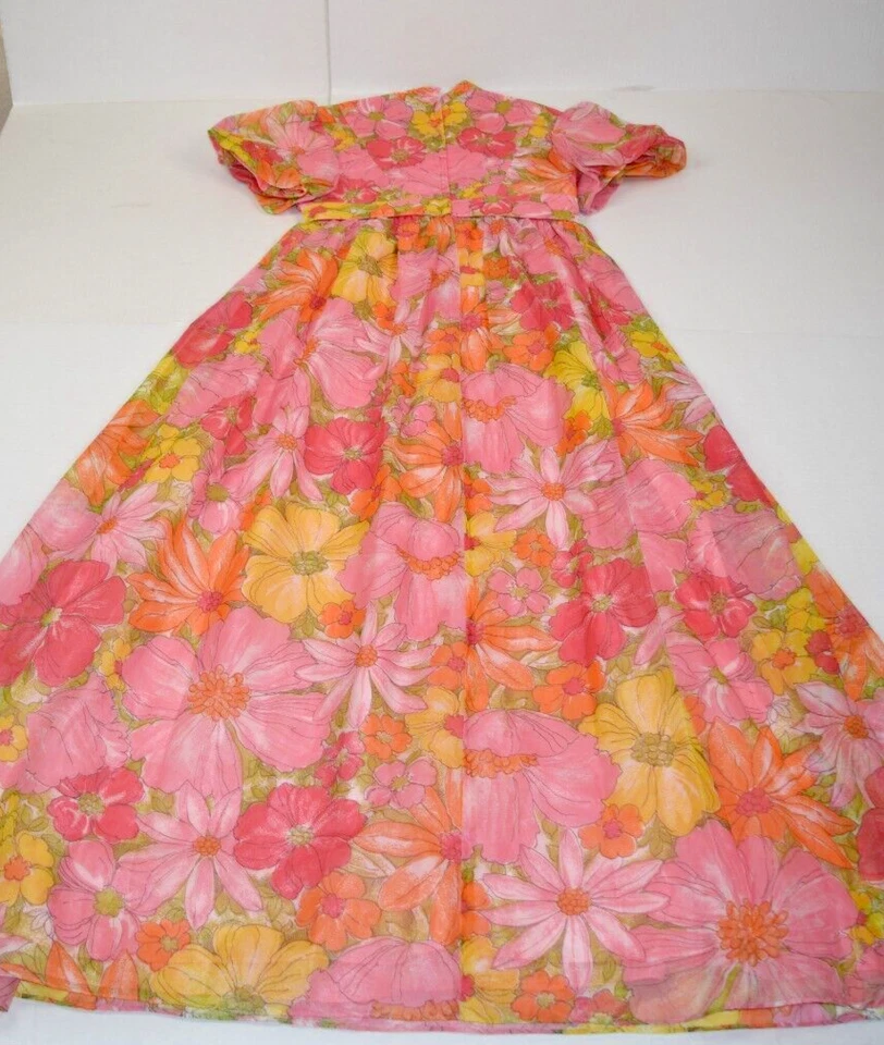 Винтажное платье Emma Domb размер S 60-е оранжевое розовое шифоновое многослойное с завышенной талией - Изображение 4 из 4