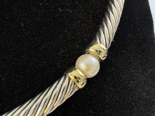 David Yurman 925 Silver & Pearl Station Cable Choker Necklace W/ 14k Gold Accent - Picture 5 of 10