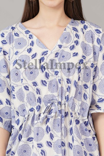 Trendy Cotton Kaftan Elegant White & Blue Floral Long Caftan Resort & Beach Wear - Picture 3 of 6