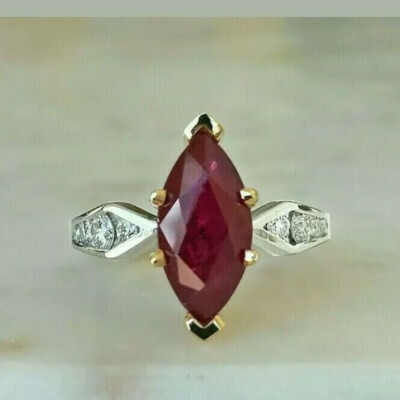 3CT Marquise Cut Ruby & Diamond Wedding Ring 14K Two Tone Gold Finish Simulated