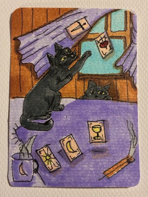 Original ACEO Cats Tarot Card Crystal Ball Fantasy Mystical Zodiac Art Card #3/6