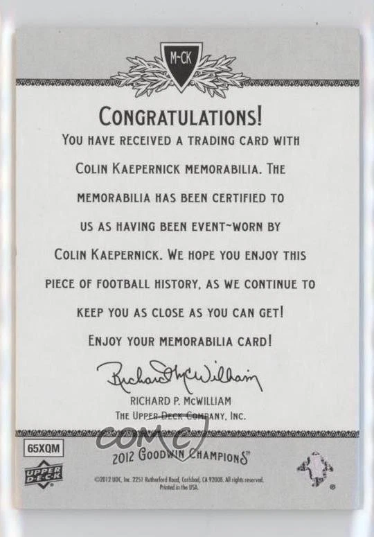 2012 Upper Deck Goodwin Champions Authentic Memorabilia Colin Kaepernick #M-CK - Image 2 of 2