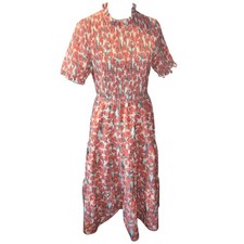 Baltic Born Coral Floral Smocked Tiered Midi Dress HY5661FL Small Mock Neck